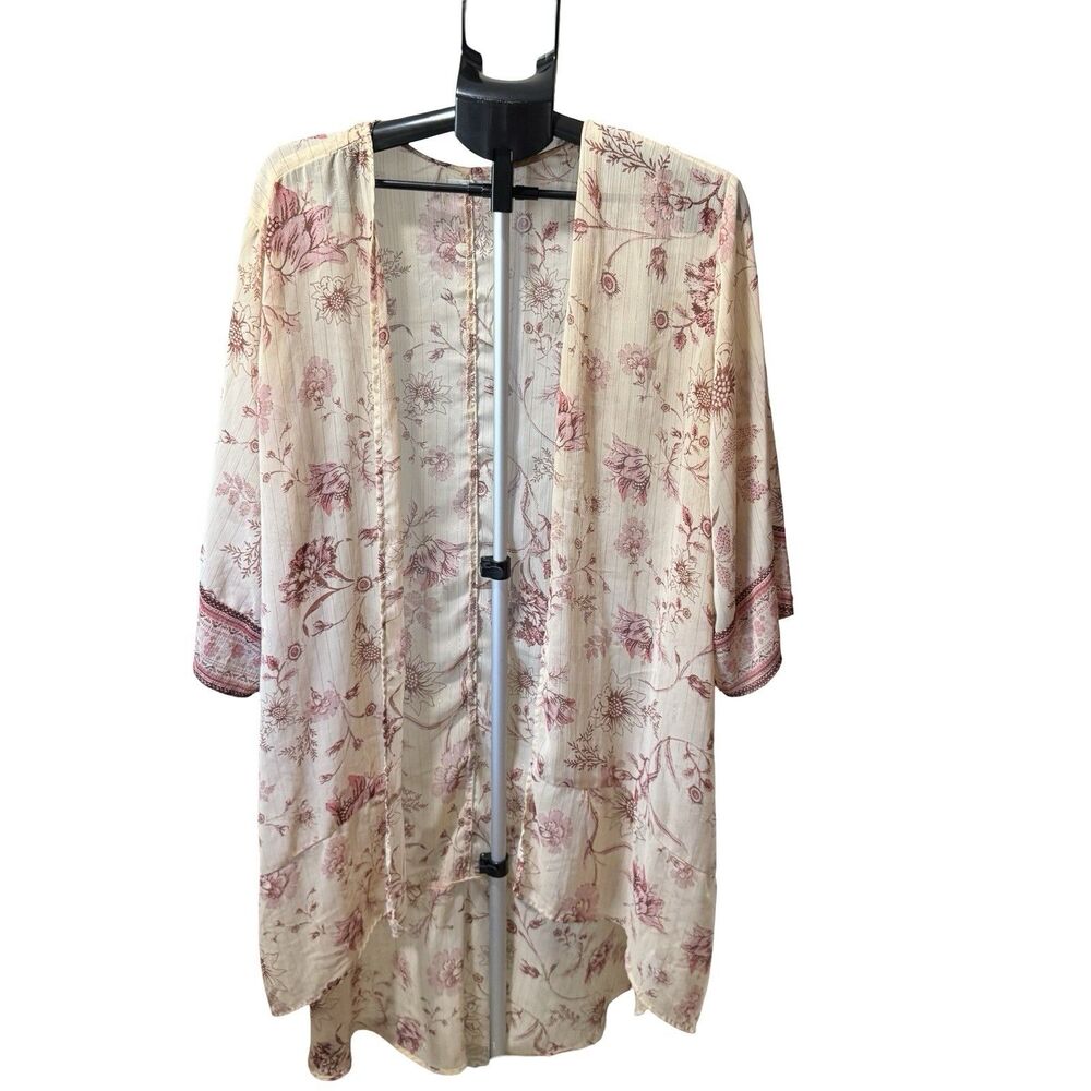 Womens Pink Floral Boho Fairycore Hippie Kimono Sheer Flowy Duster Cardigan 2X